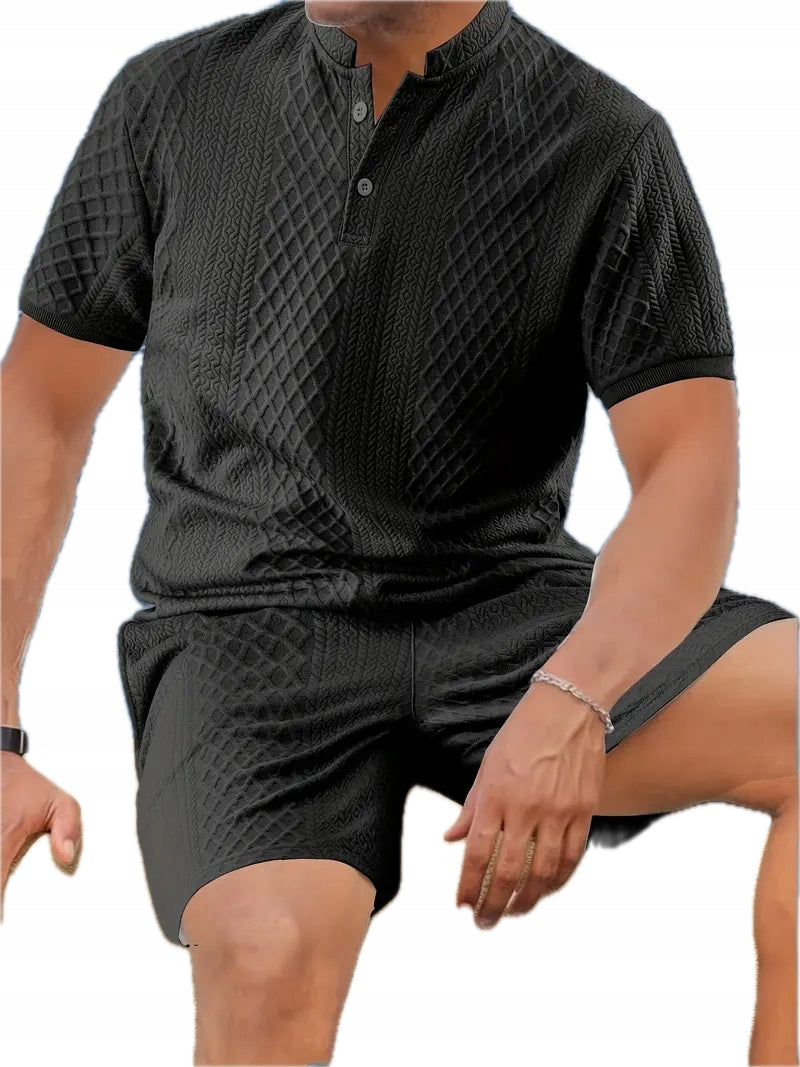 Męski Letni Zestaw Old Money Koszula Krótki Rękaw Henley Szorty - Old Money