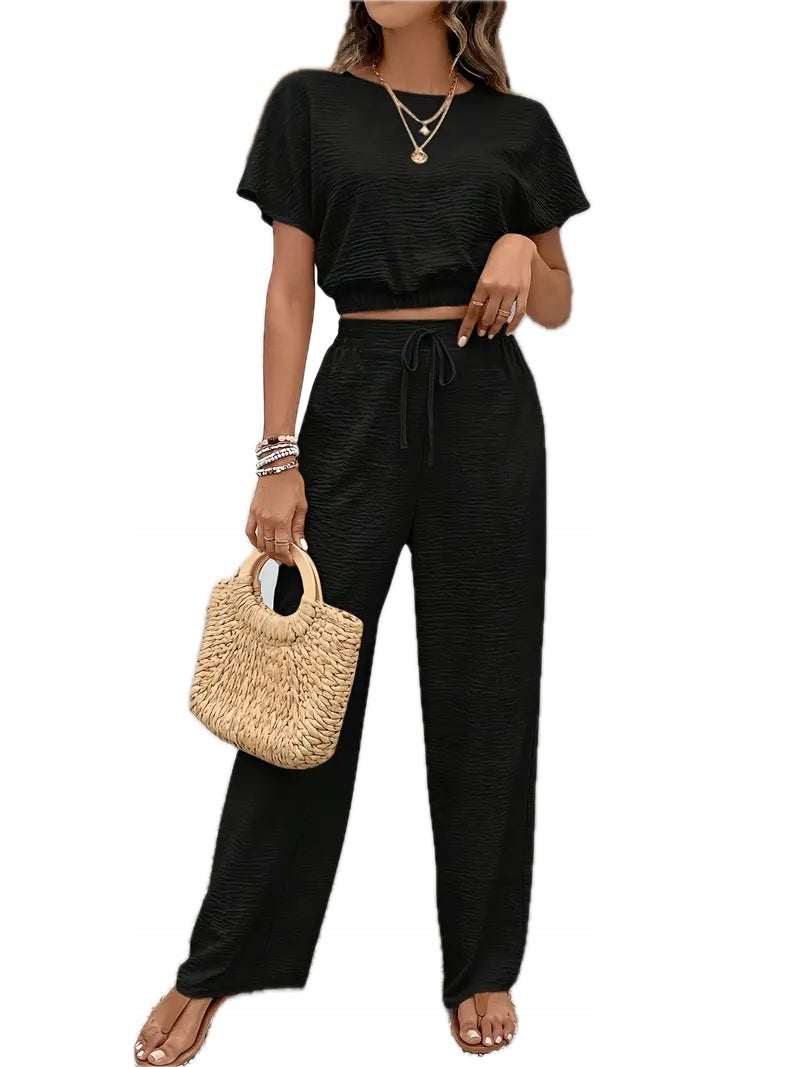 Damski Komplet Top z Krótkim Rękawem i Spodnie z Wiązaniem - Old Money