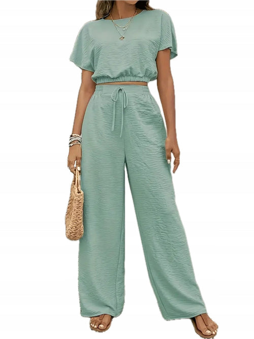 Damski Komplet Top z Krótkim Rękawem i Spodnie z Wiązaniem - Old Money