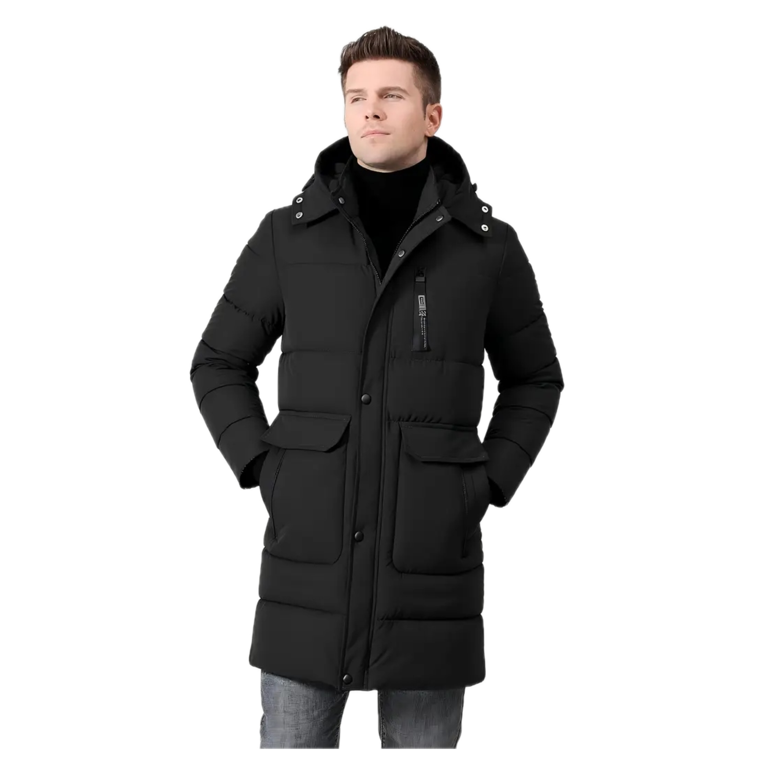 Męski Zimowy Płaszcz Długa Gruba Kurtka Parka z Kapturem Granat - Old Money