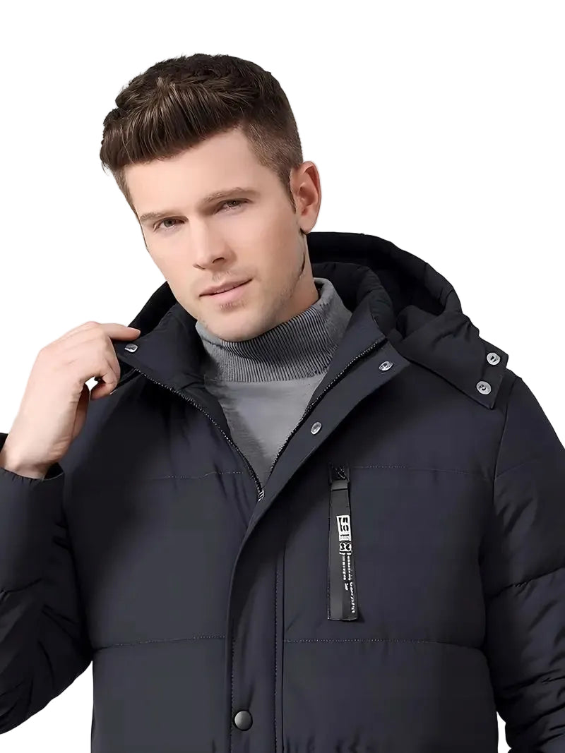 Męski Zimowy Płaszcz Długa Gruba Kurtka Parka z Kapturem Granat - Old Money