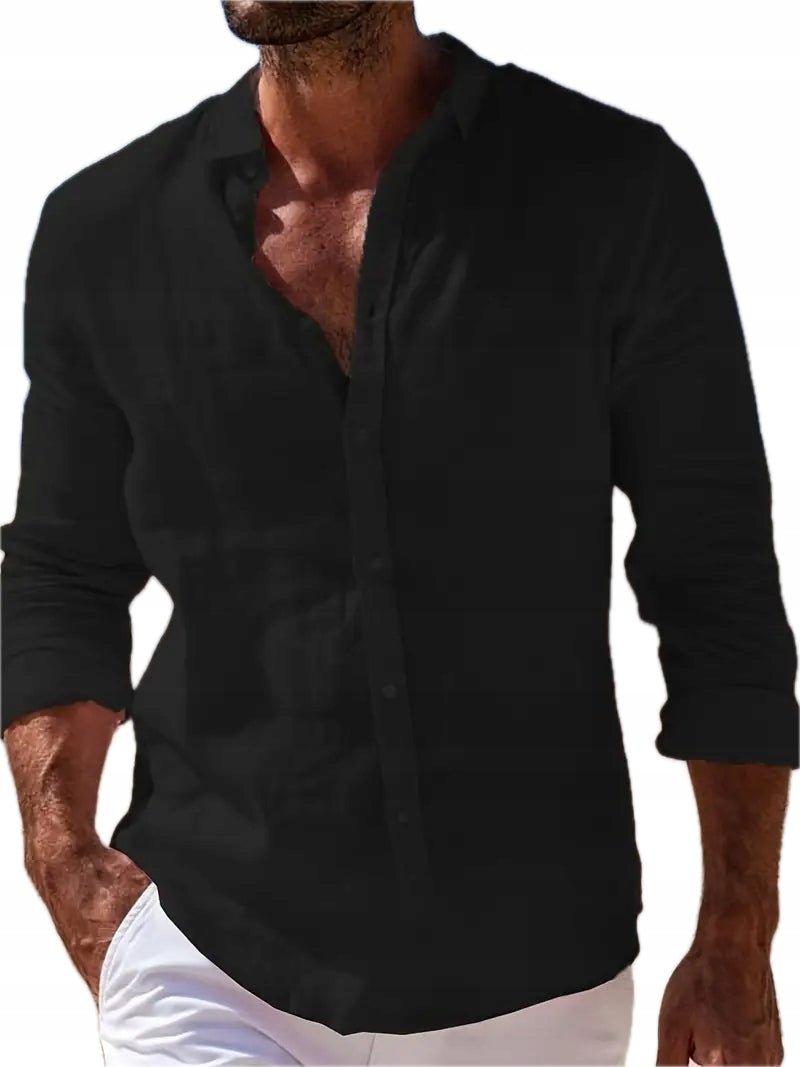 Męska Koszula Wakacyjna z Długim Rękawem Bawełniano-Lniana - Old Money