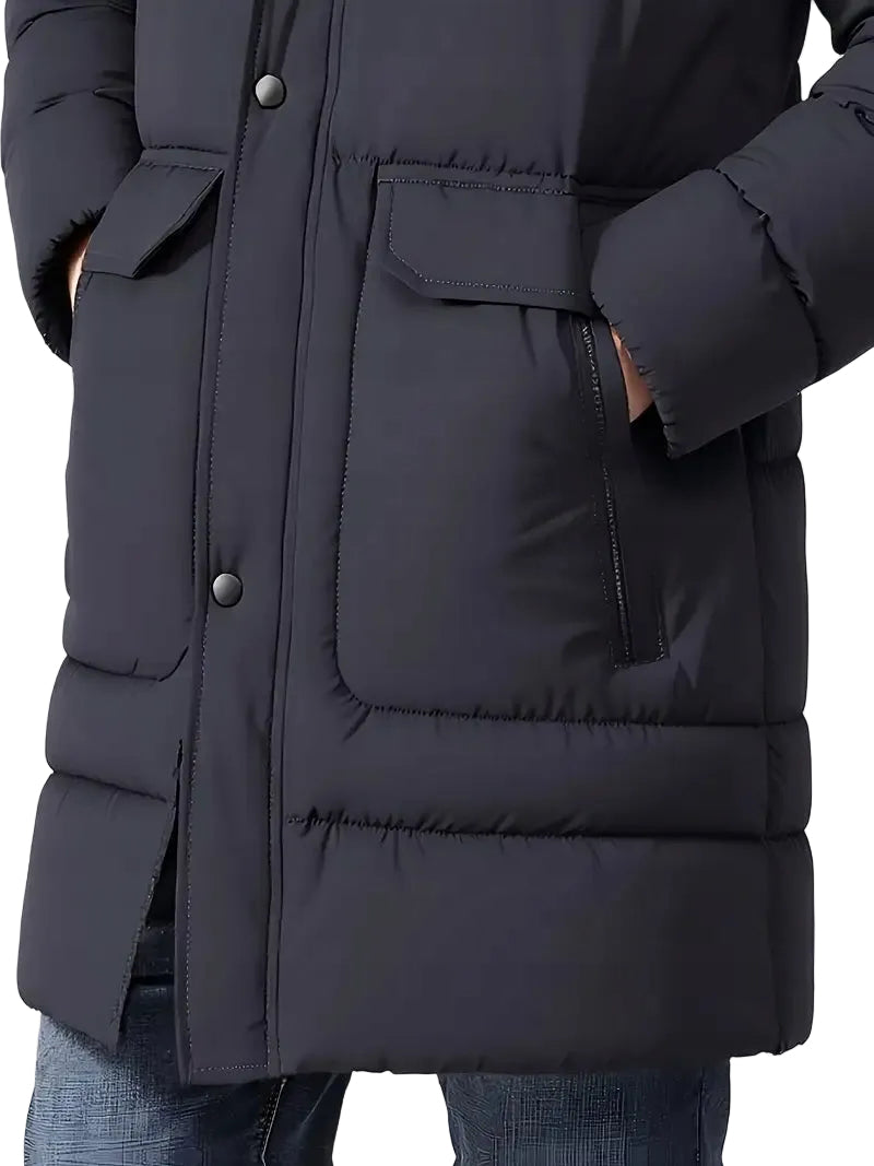 Męski Zimowy Płaszcz Długa Gruba Kurtka Parka z Kapturem Granat - Old Money