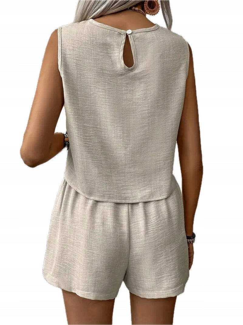 Komplet Damski Casual Bezrękawnik i Szorty z Guzikami - OLD MONEY