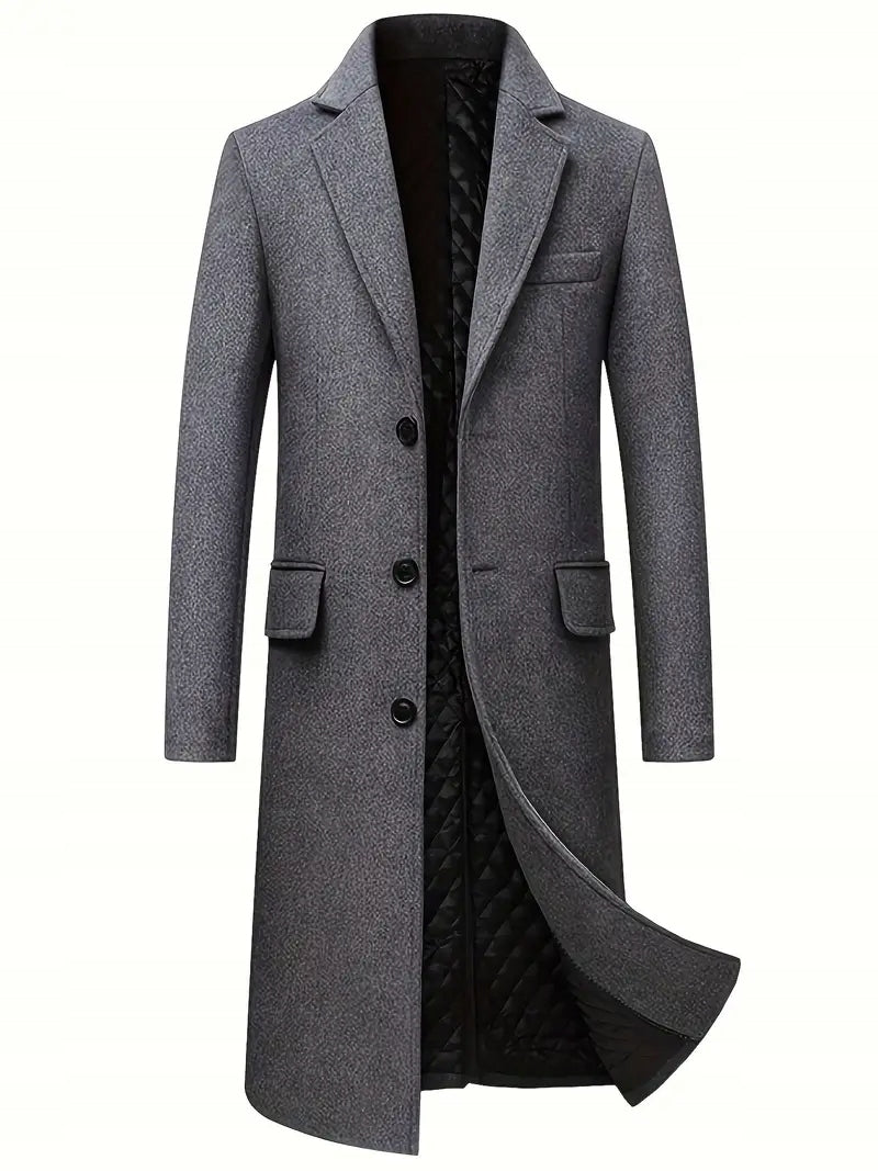 Męski Płaszcz Tweedowy Długi, z Klapami i Guzikami - Old Money