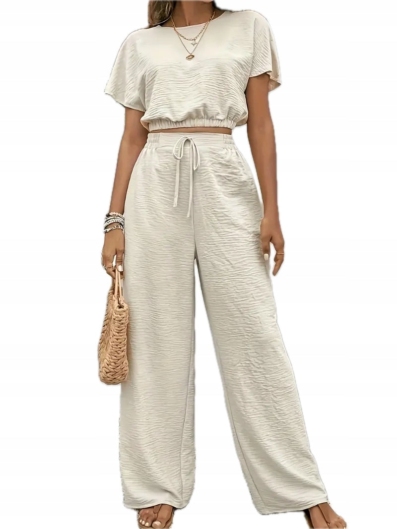 Damski Komplet Top z Krótkim Rękawem i Spodnie z Wiązaniem - Old Money