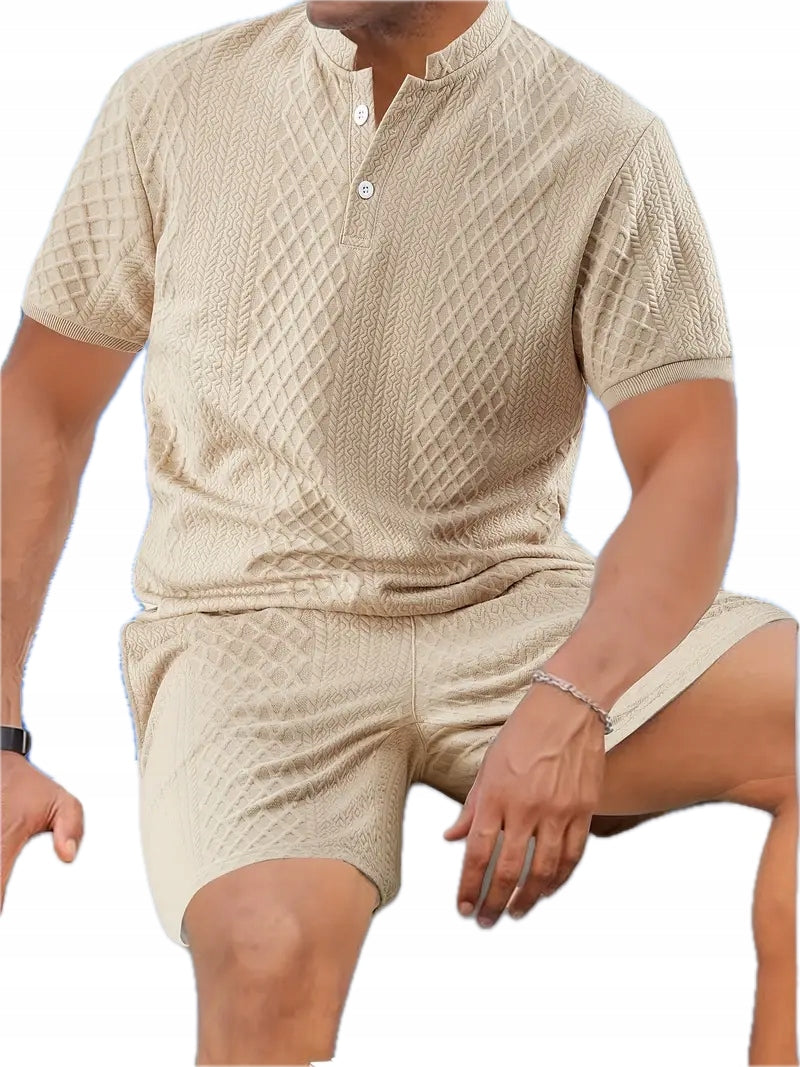 Męski Letni Zestaw Old Money Koszula Krótki Rękaw Henley Szorty - Old Money
