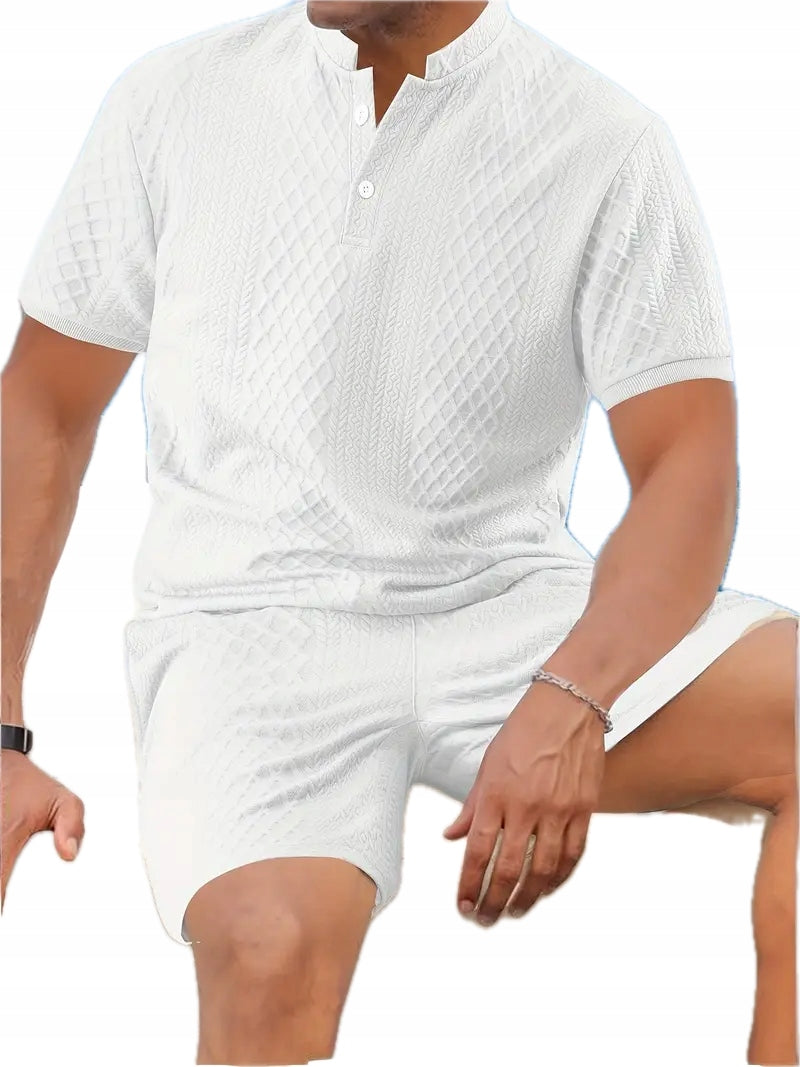 Męski Letni Zestaw Old Money Koszula Krótki Rękaw Henley Szorty - Old Money