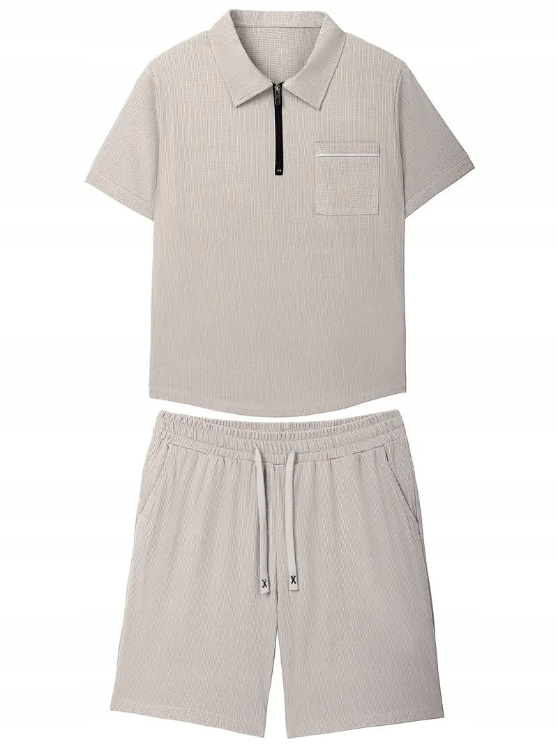 Męski Letni Zestaw Polo z Quarter Zipem i Szorty - Old Money