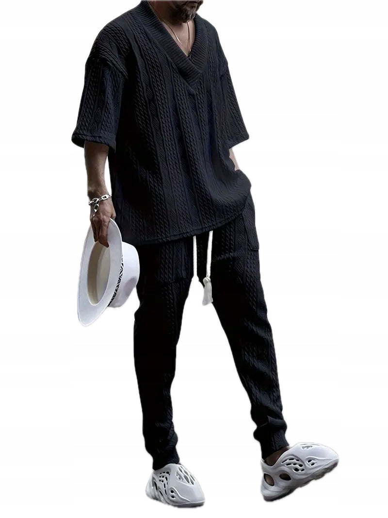 Męski Komplet Koszulka w Serek i Spodnie - Old Money