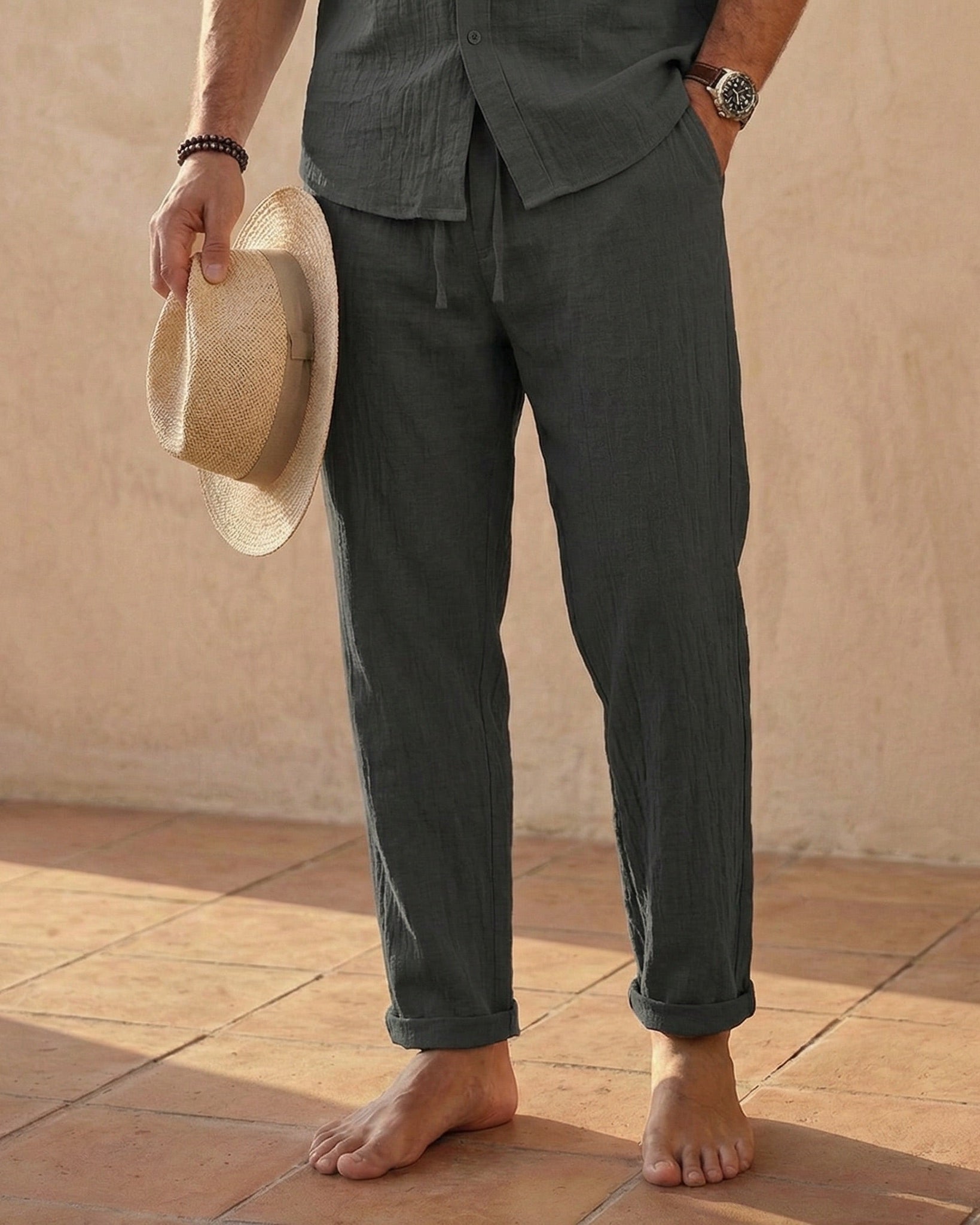 Męskie Spodnie z Bawełną i Lnem
