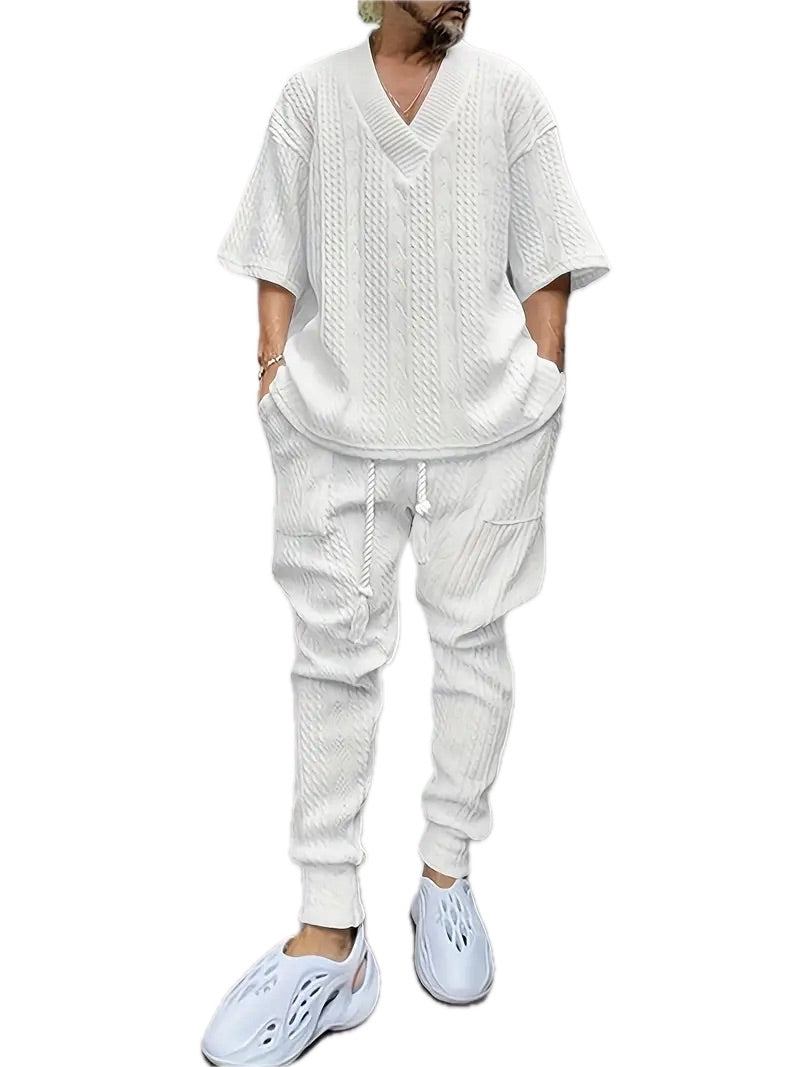 Męski Komplet Koszulka w Serek i Spodnie - Old Money