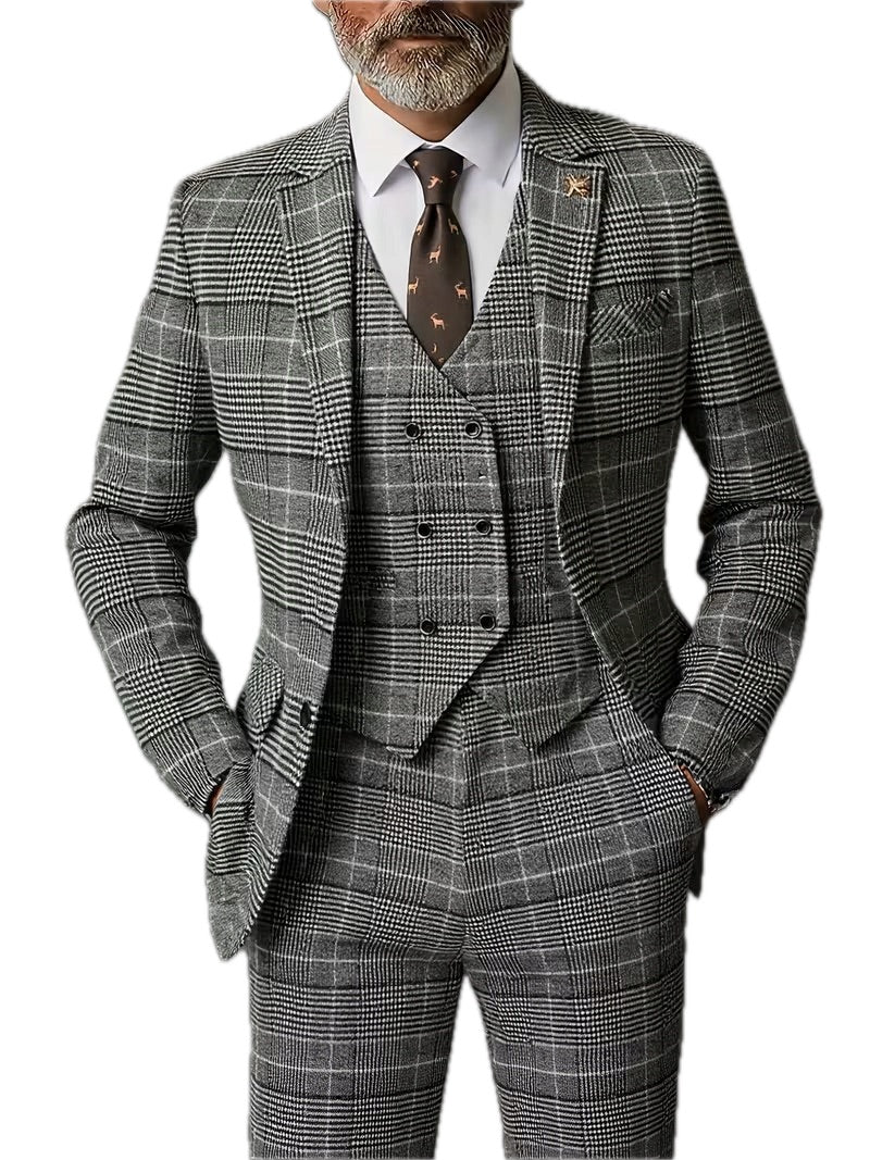 Męski Garnitur w Delikatną Kratę 3-częściowy Slim Fit - Old Money