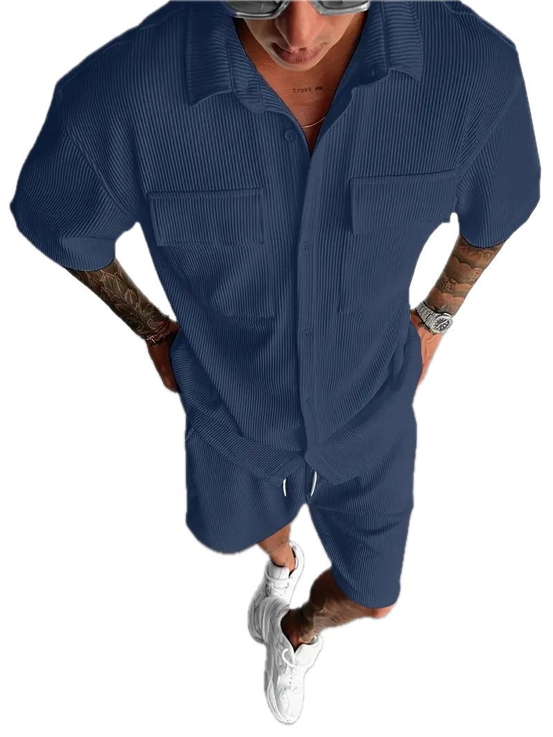 Letni Zestaw Męski Koszula + Szorty, Styl Plażowy - Old Money