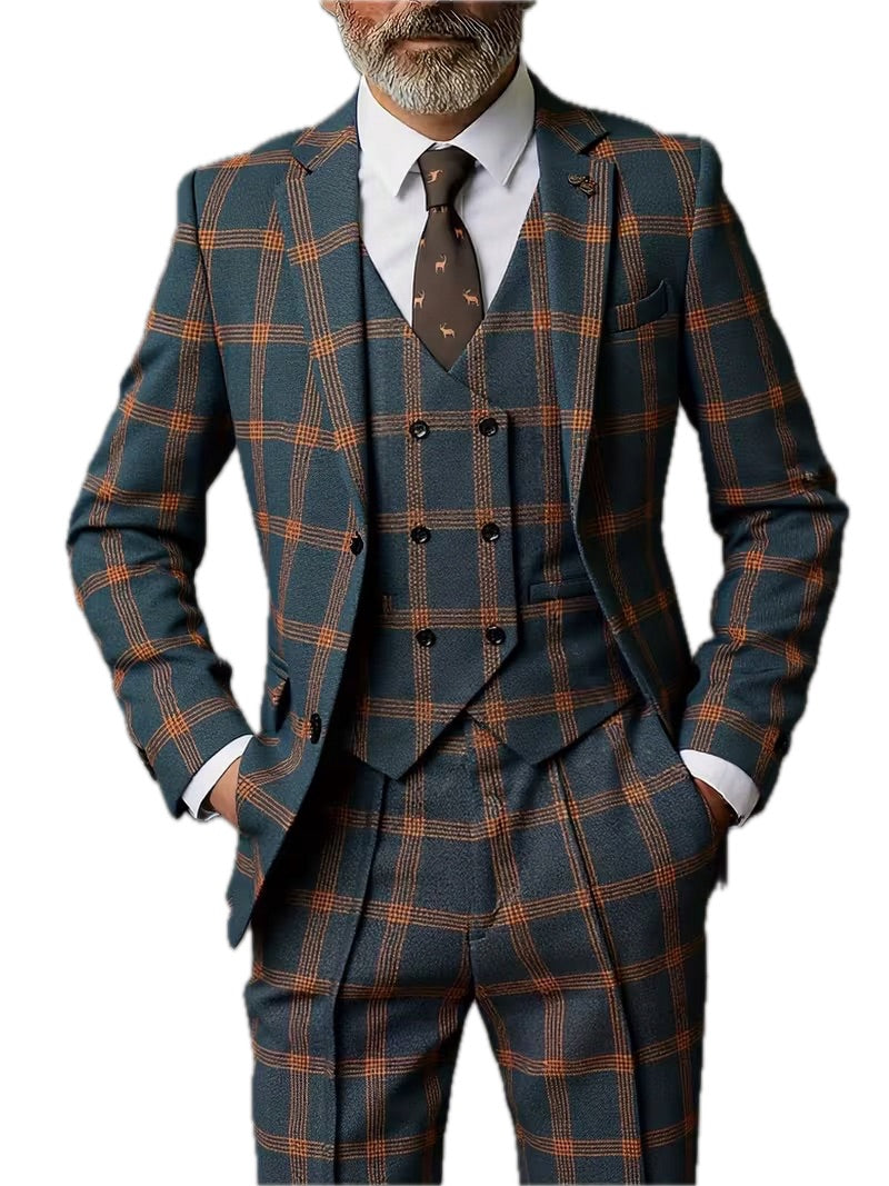 Męski Garnitur w Kratę 3-częściowy Casual Slim Fit - Old Money