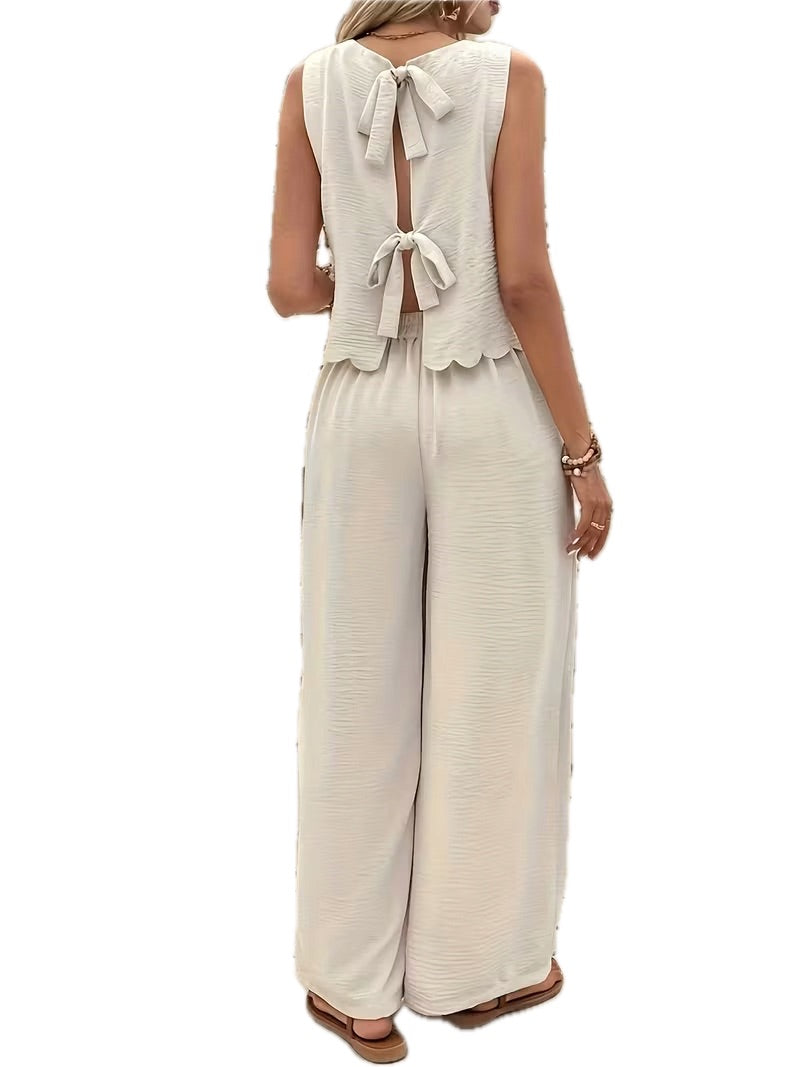 Letni Komplet Damski Top bez Rękawów i Długie Spodnie - Old Money