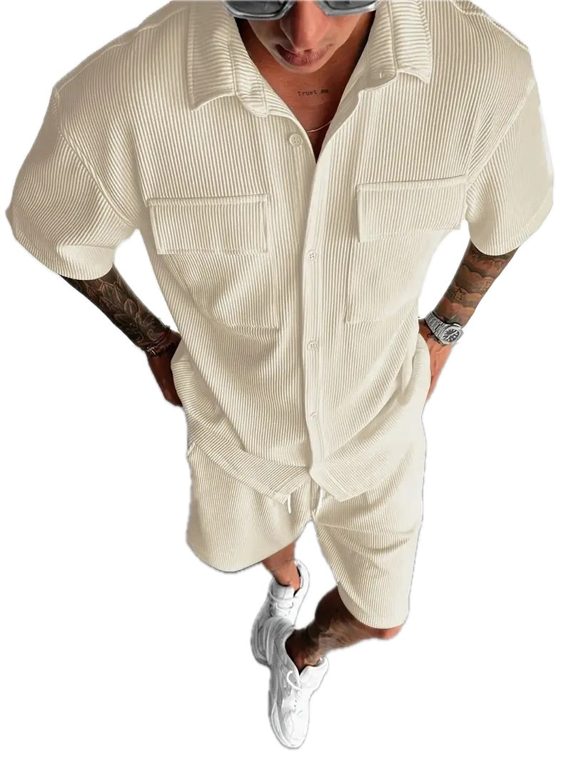 Letni Zestaw Męski Koszula + Szorty, Styl Plażowy - Old Money