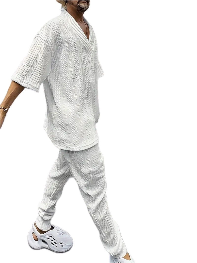 Męski Komplet Koszulka w Serek i Spodnie - Old Money