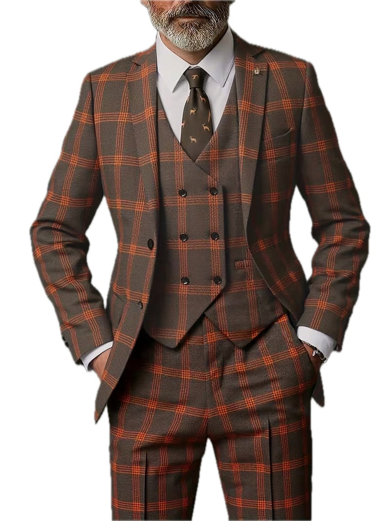 Męski Garnitur w Kratę 3-częściowy Casual Slim Fit - Old Money