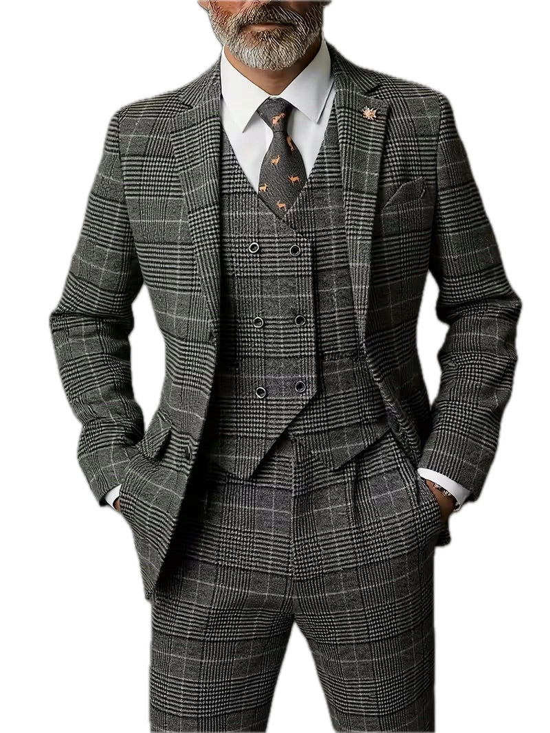 Męski Garnitur w Delikatną Kratę 3-częściowy Slim Fit - Old Money