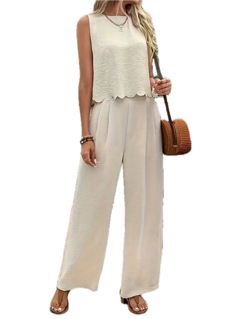 Letni Komplet Damski Top bez Rękawów i Długie Spodnie - Old Money
