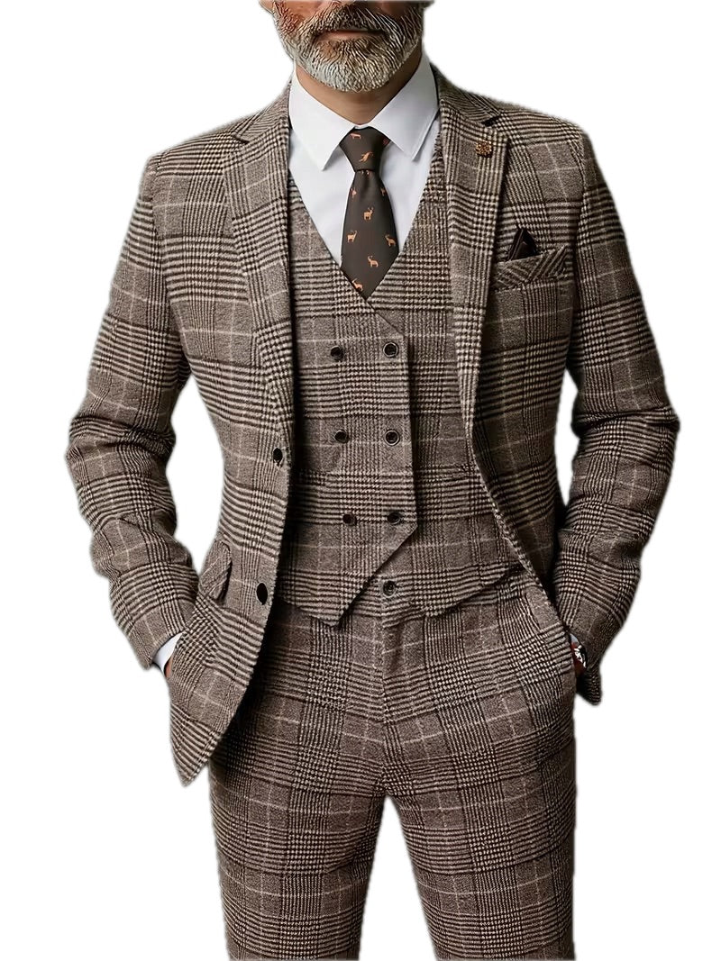Męski Garnitur w Delikatną Kratę 3-częściowy Slim Fit - Old Money