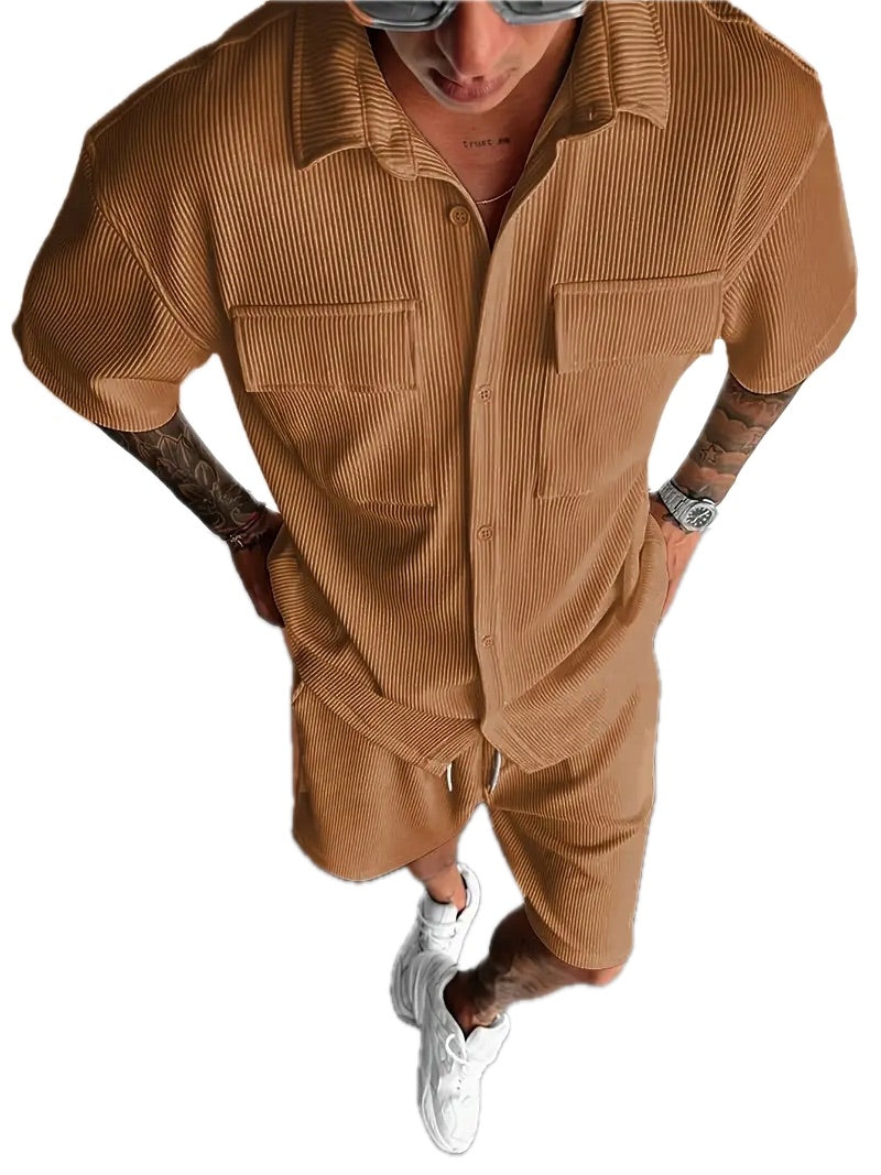 Letni Zestaw Męski Koszula + Szorty, Styl Plażowy - Old Money