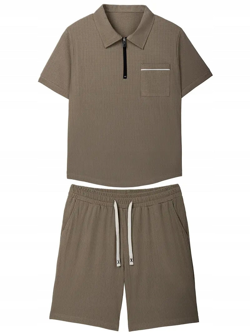 Męski Letni Zestaw Polo z Quarter Zipem i Szorty - Old Money