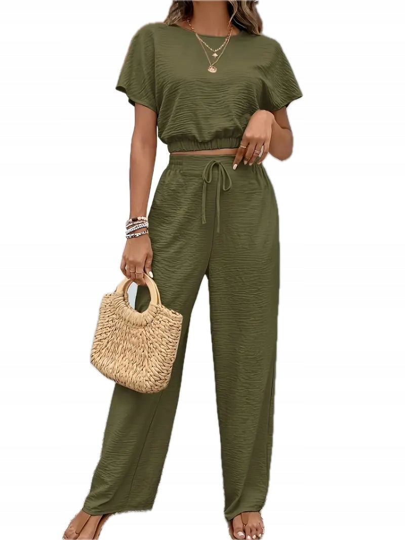 Damski Komplet Top z Krótkim Rękawem i Spodnie z Wiązaniem - Old Money