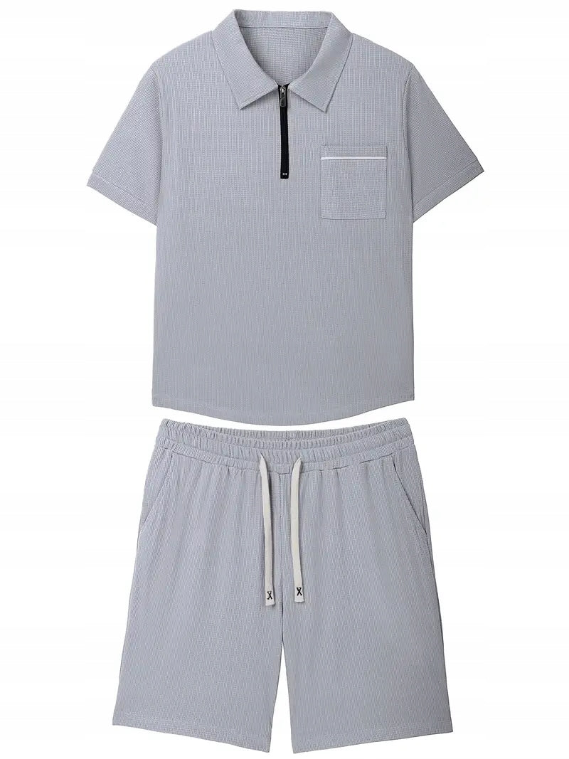 Męski Letni Zestaw Polo z Quarter Zipem i Szorty - Old Money