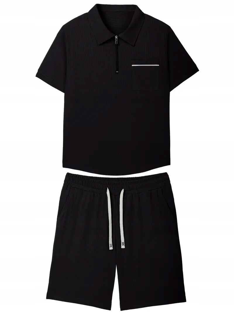 Męski Letni Zestaw Polo z Quarter Zipem i Szorty - Old Money