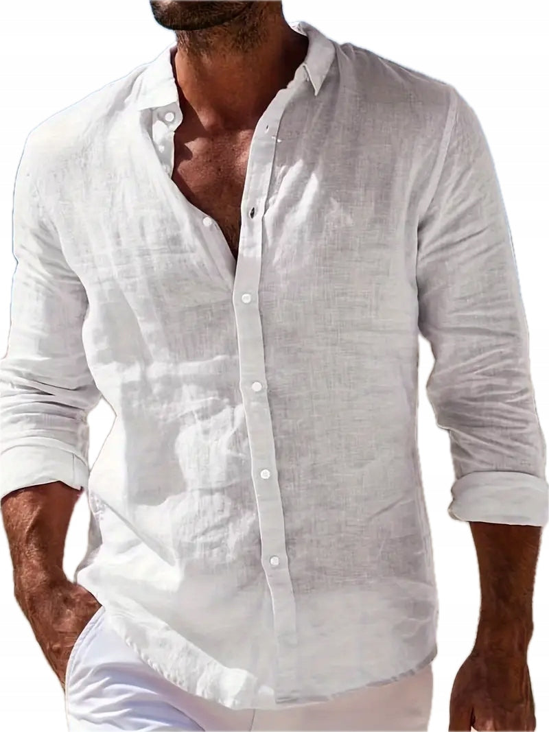 Męska Koszula Wakacyjna z Długim Rękawem Bawełniano-Lniana - Old Money
